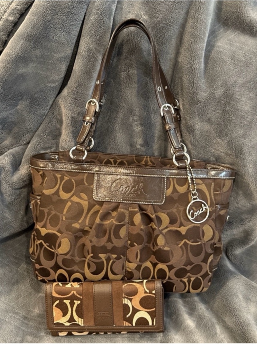 Coach Optic Brown signature c tote with wallet & Wristlet last photo